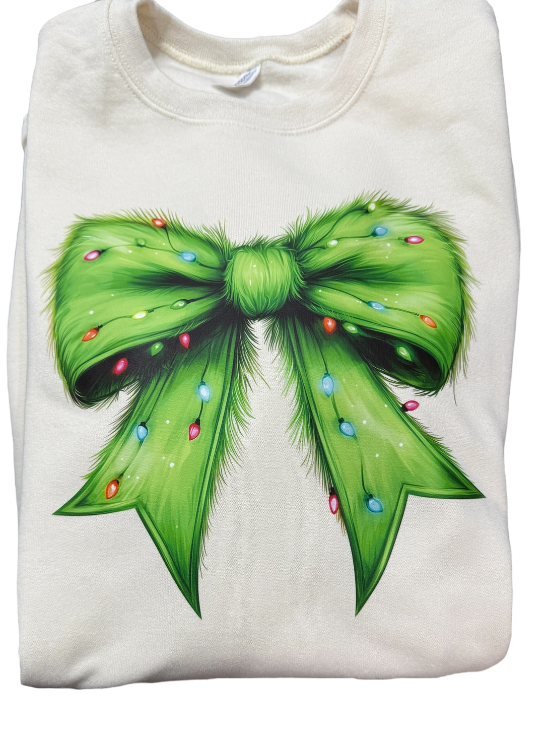 Green furry bow cream/black sweatshirt - Christmas