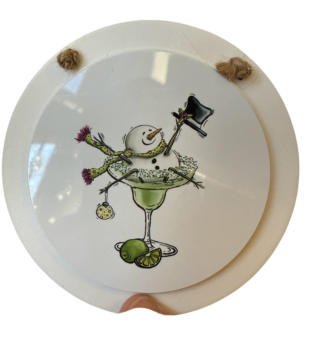 Large round snowman drinking margarita ornament - Christmas Ornament/Small sign