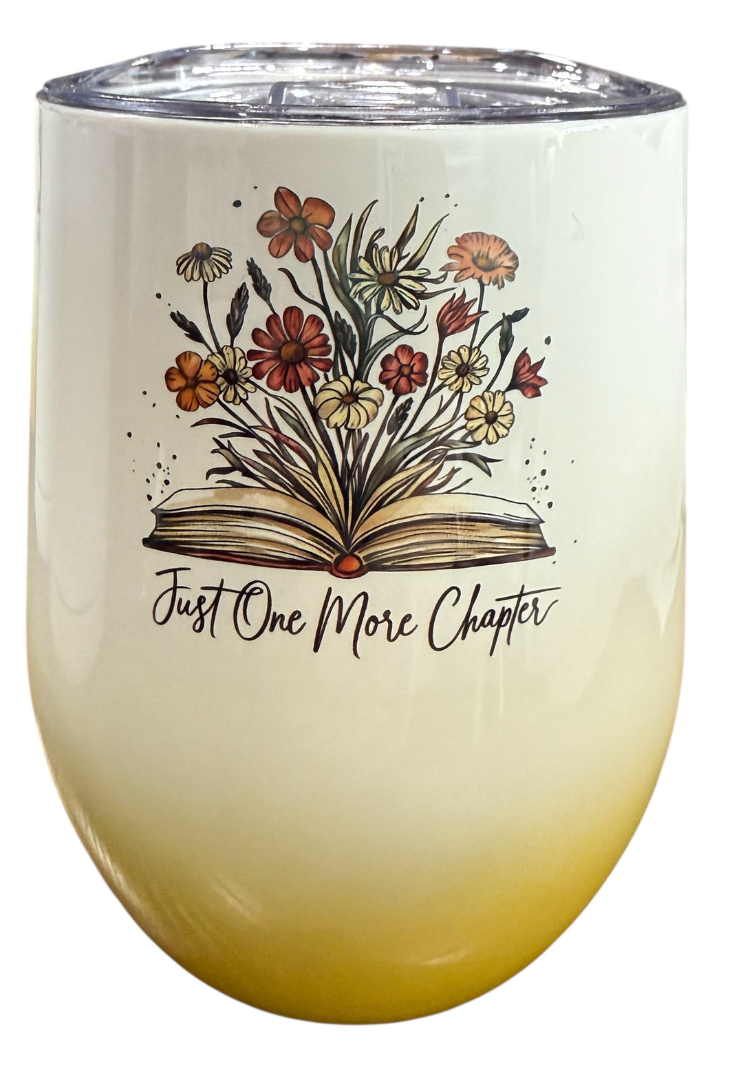 Just one more chapter - books/reader - stemless 12 oz wine tumbler with lid