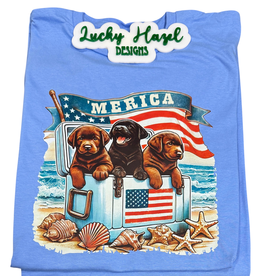 Lab puppies in cooler on the beach - pets/dogs/cute/America/USA/summer - short sleeve tee
