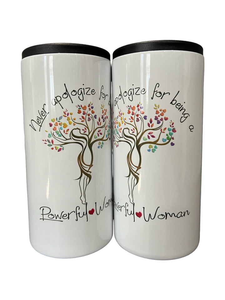 Never apologize for being a POWERFUL WOMAN - metal 12 oz SLIM can koozie