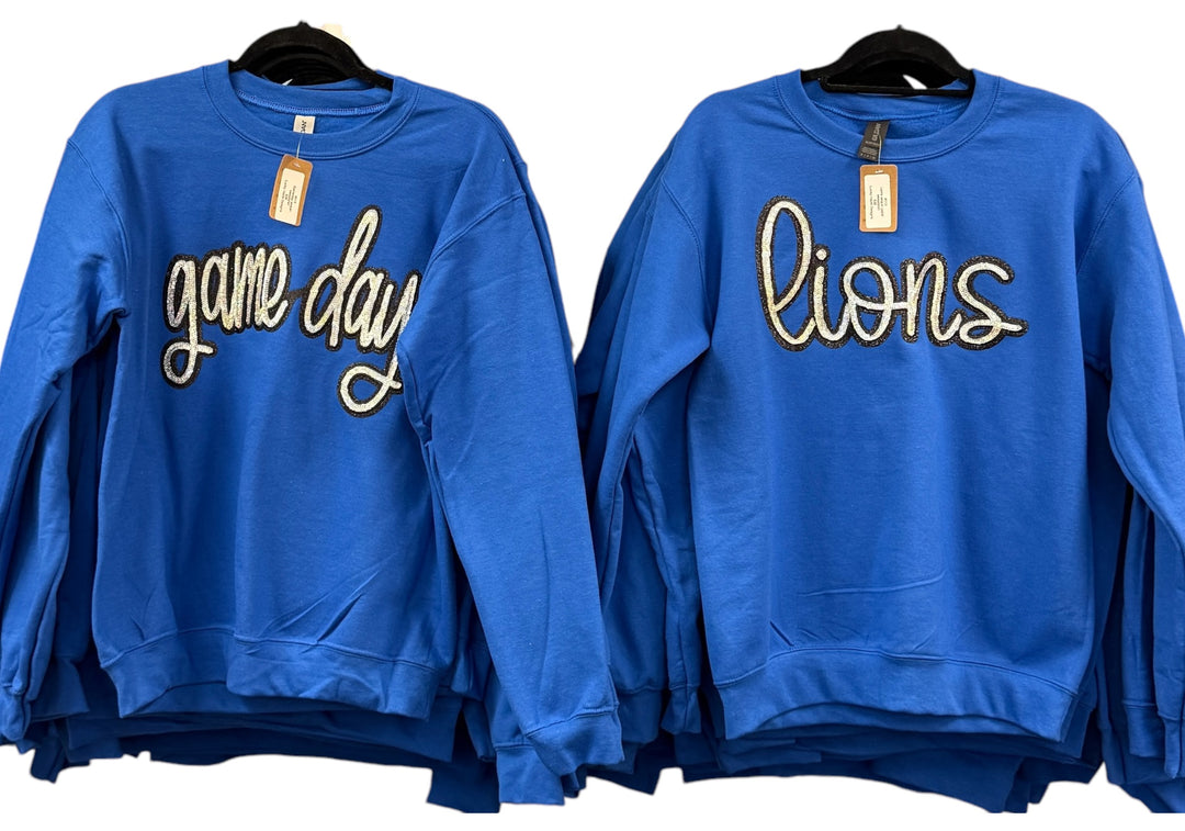 Lions sequin patch royal blue sweatshirt - Northwest high school