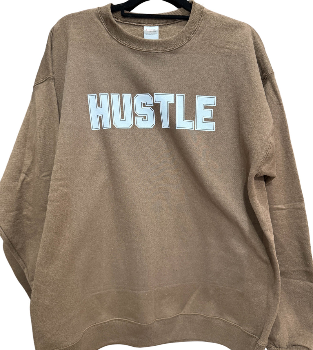 HUSTLE on army brown sweatshirt