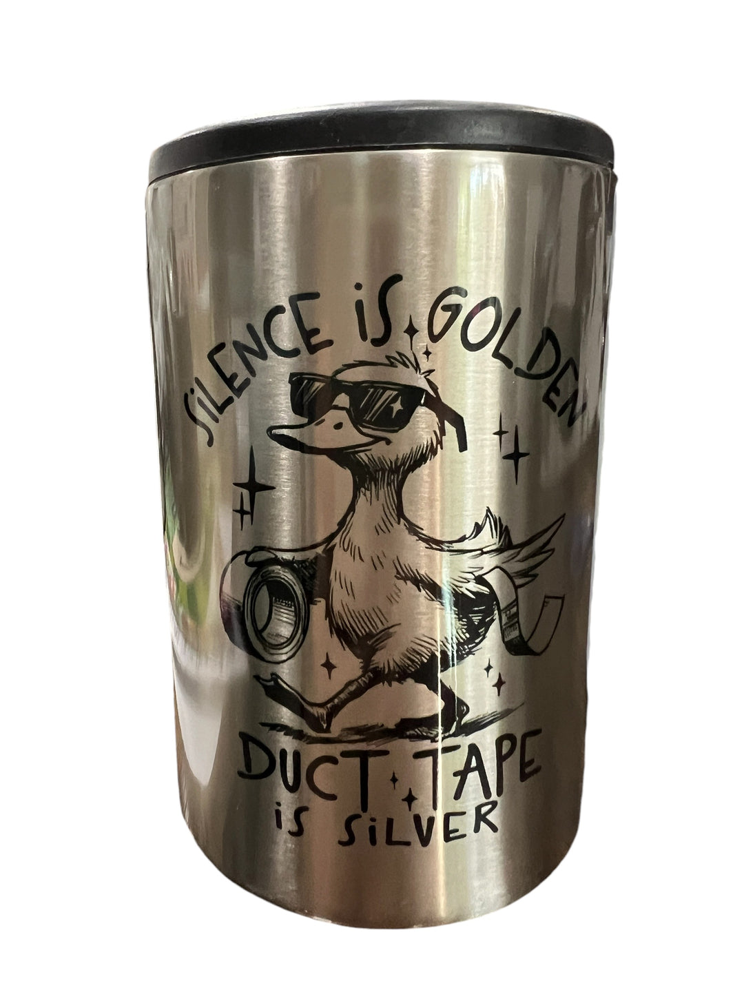 Silence is golden, duct tape is silver - metal slim can koozie