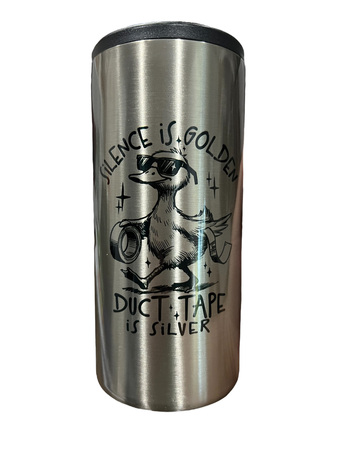 Silence is golden, duct tape is silver - metal slim can koozie