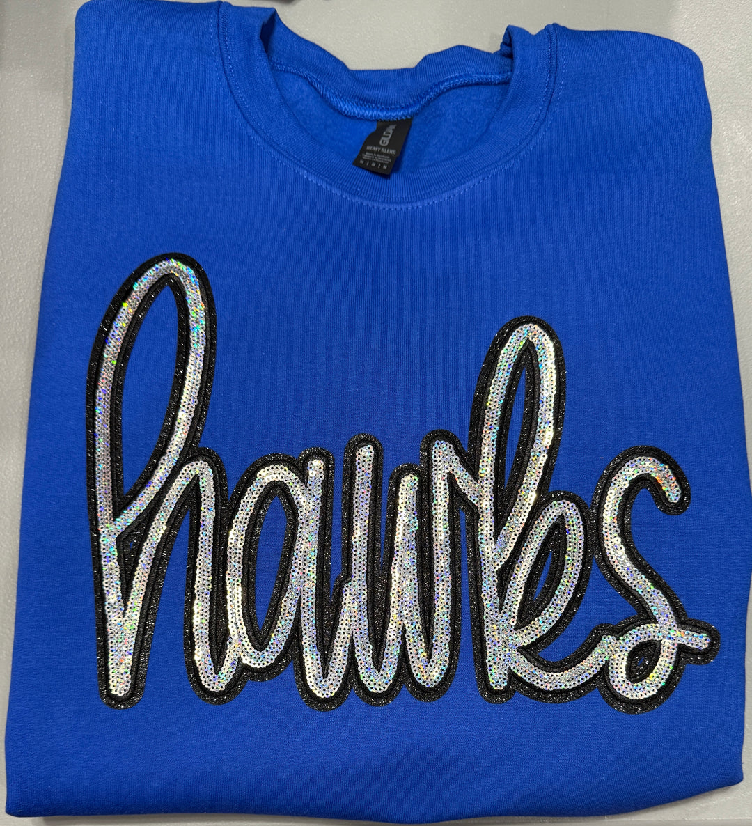 Hawks sequin patch royal blue sweatshirt - Hillsboro high school