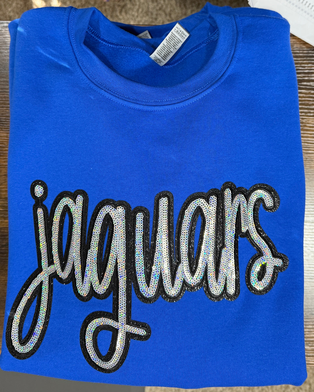 Jaguars sequin patch royal blue sweatshirt - Seckman high school