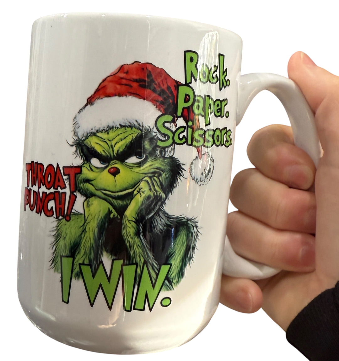 Rock, paper, scissors, throat punch - funny - Grinch - Christmas Ceramic Mug