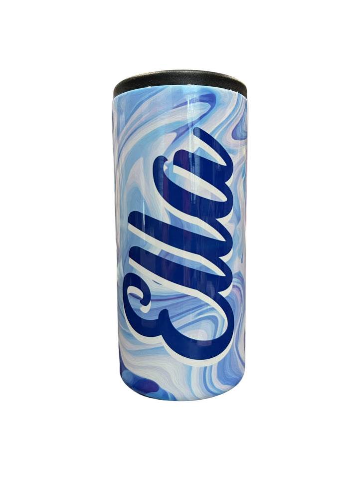 Customizable Name - Blue & White Swirl - metal 12 oz SLIM can koozie