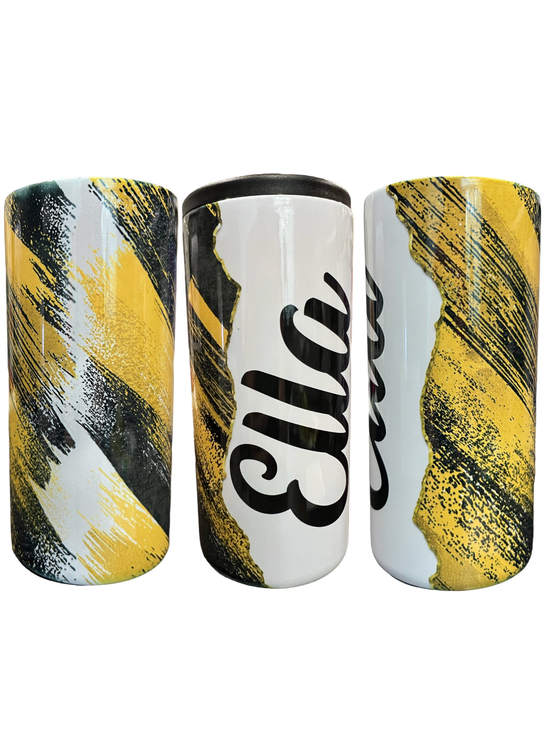 Customizable Name - black, yellow and white - metal 12 oz SLIM can koozie