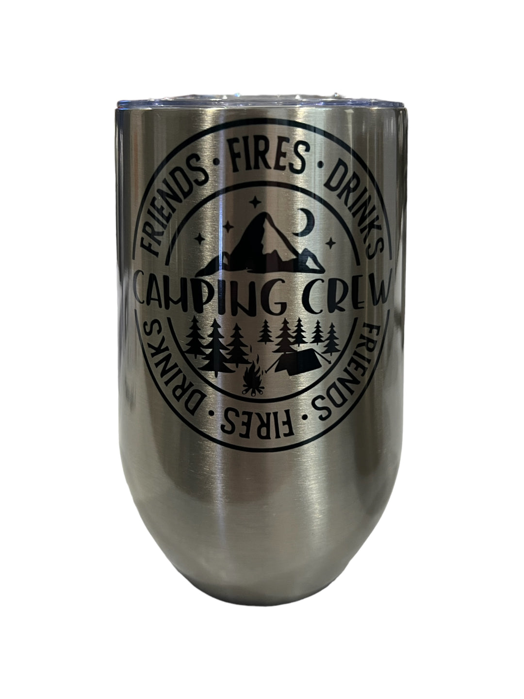 Camping Crew - friends, fires, drinks - stemless 17 oz wine tumbler with lid