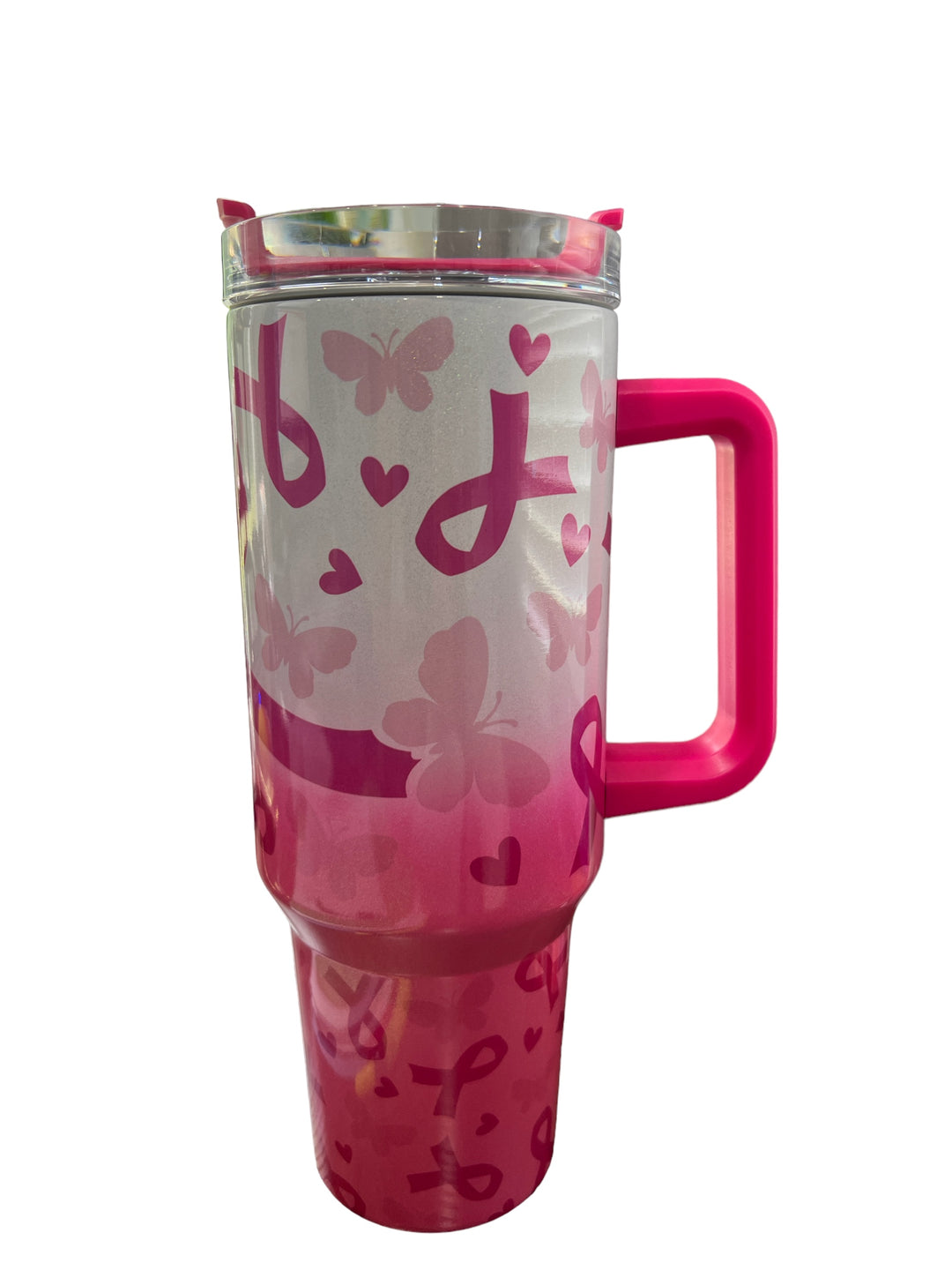 Breast Cancer with butterflies 40 oz quencher shimmer tumbler with lid and straw