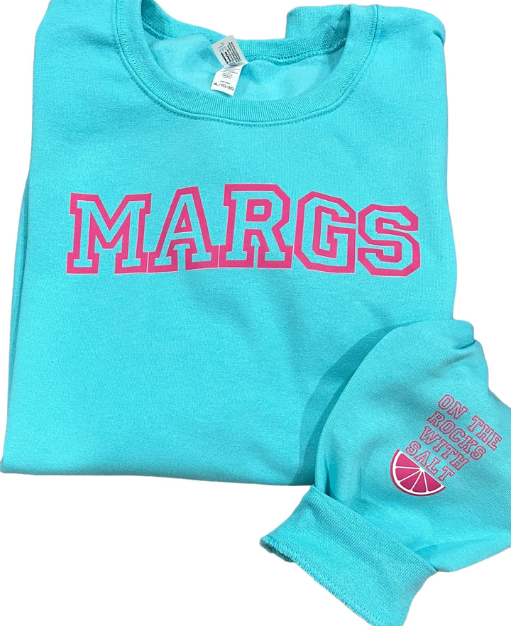 MARGS Sweatshirt with on the rocks with salt on sleeve!  Fun, festive, bright!