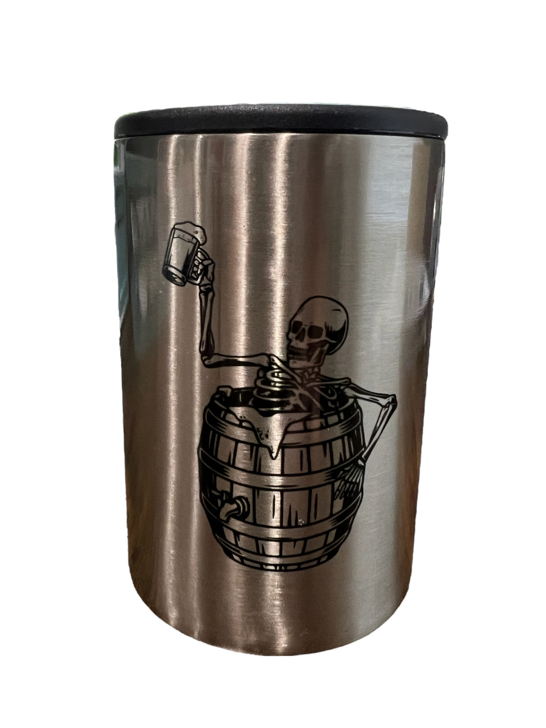 Skeleton drinking beer - funny - halloween - metal can koozie