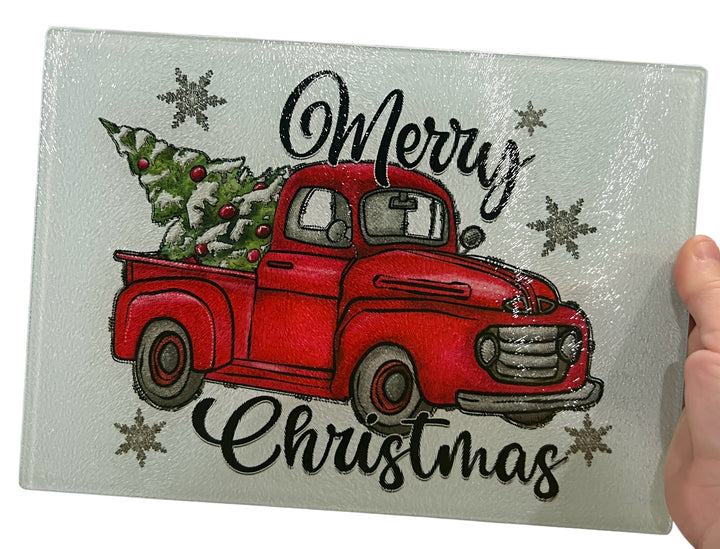 Merry Christmas vintage truck Rectangle Glass Cutting Board