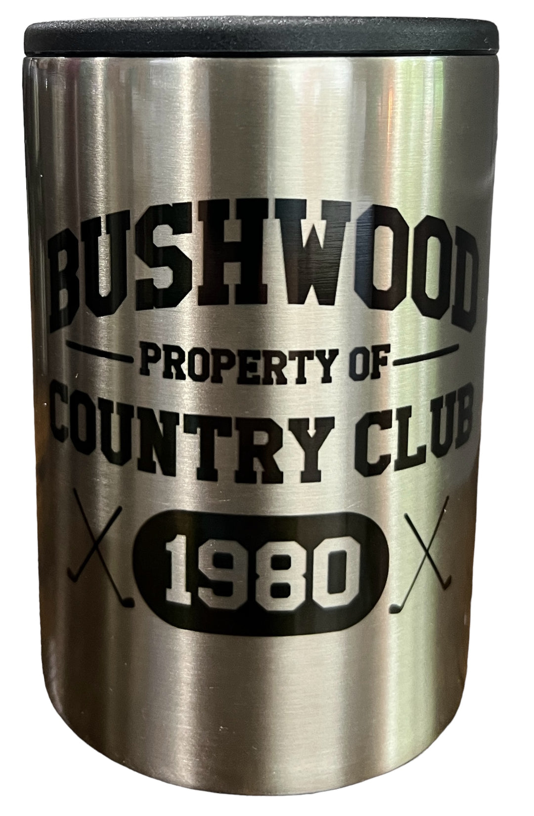 Bushwood - property of country club - 1980 - golf - metal 12 oz can koozie