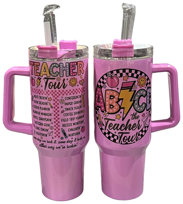 ABCD teacher tour - purple shimmer - 40 oz quencher tumbler with lid and straw