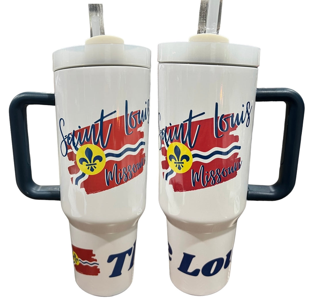 Saint Louis Missouri with flag - 40 oz quencher tumbler with blue handle/lid and straw