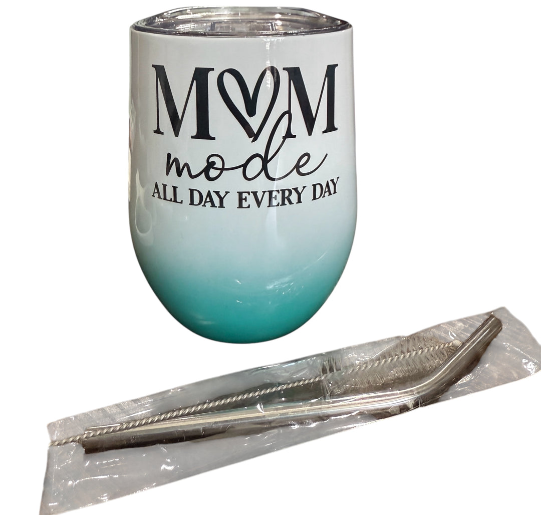 Mom mode - all day every day - stemless 12 oz wine tumbler with lid