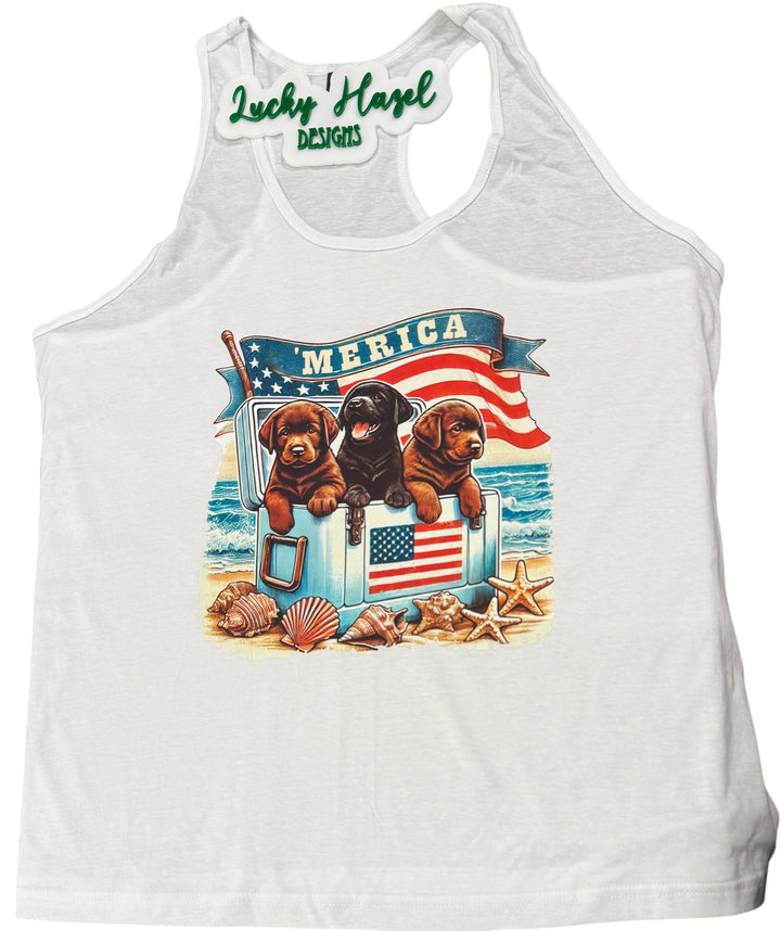 Lab puppies in cooler on the beach - pets/dogs/cute/America/USA/summer - tank top
