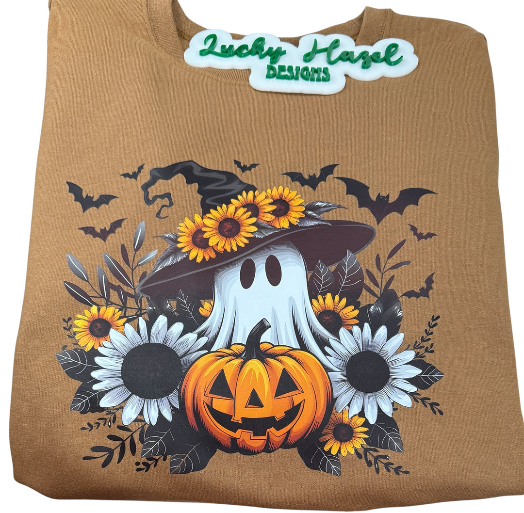 Ghost witch with sunflowers, bats and pumpkin sweatshirt - Fall, Halloween, Pumpkinfest