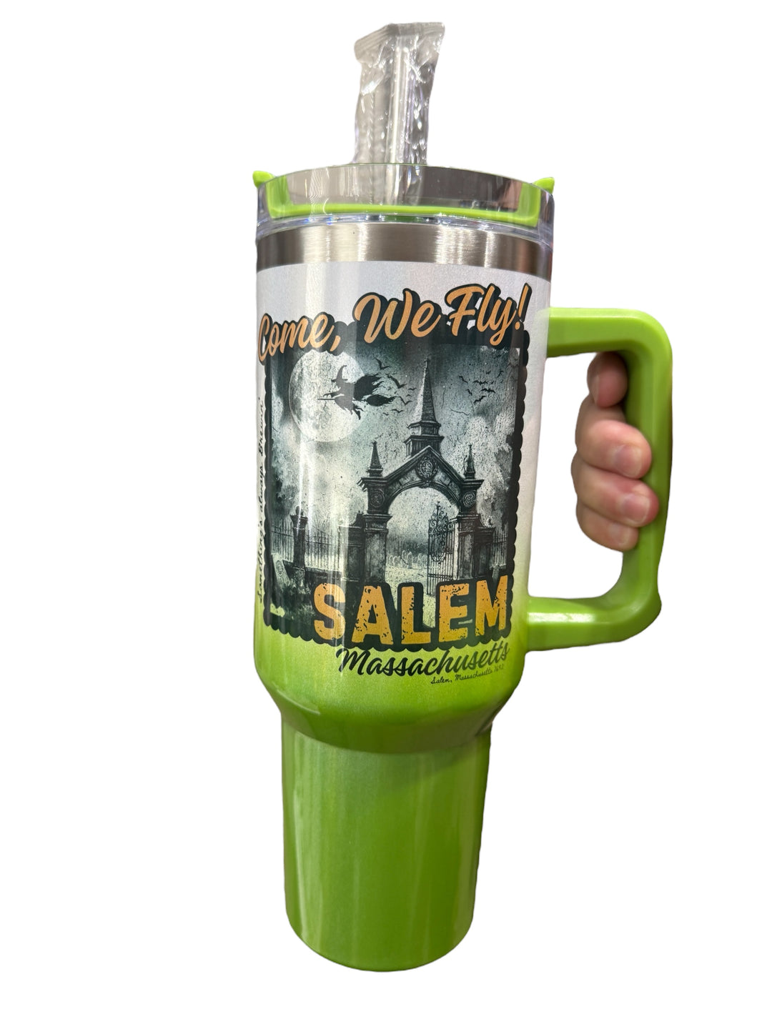 Come, we fly! Salem, Mass - witches - witches night out - fall/halloween theme - 40 oz green ombré shimmer tumbler
