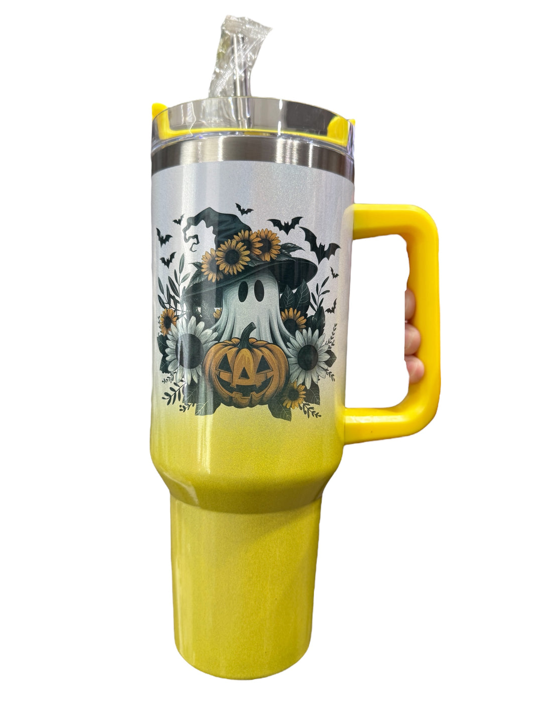 Witch ghost cute fall/halloween theme - 40 oz yellow ombré shimmer tumbler