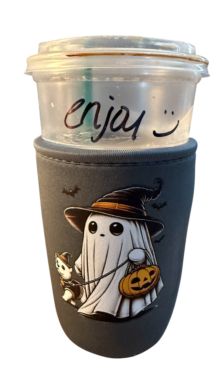 Fall/halloween iced coffee drink koozie - Ghosts, witch, spooky vibes & ghost dog!!