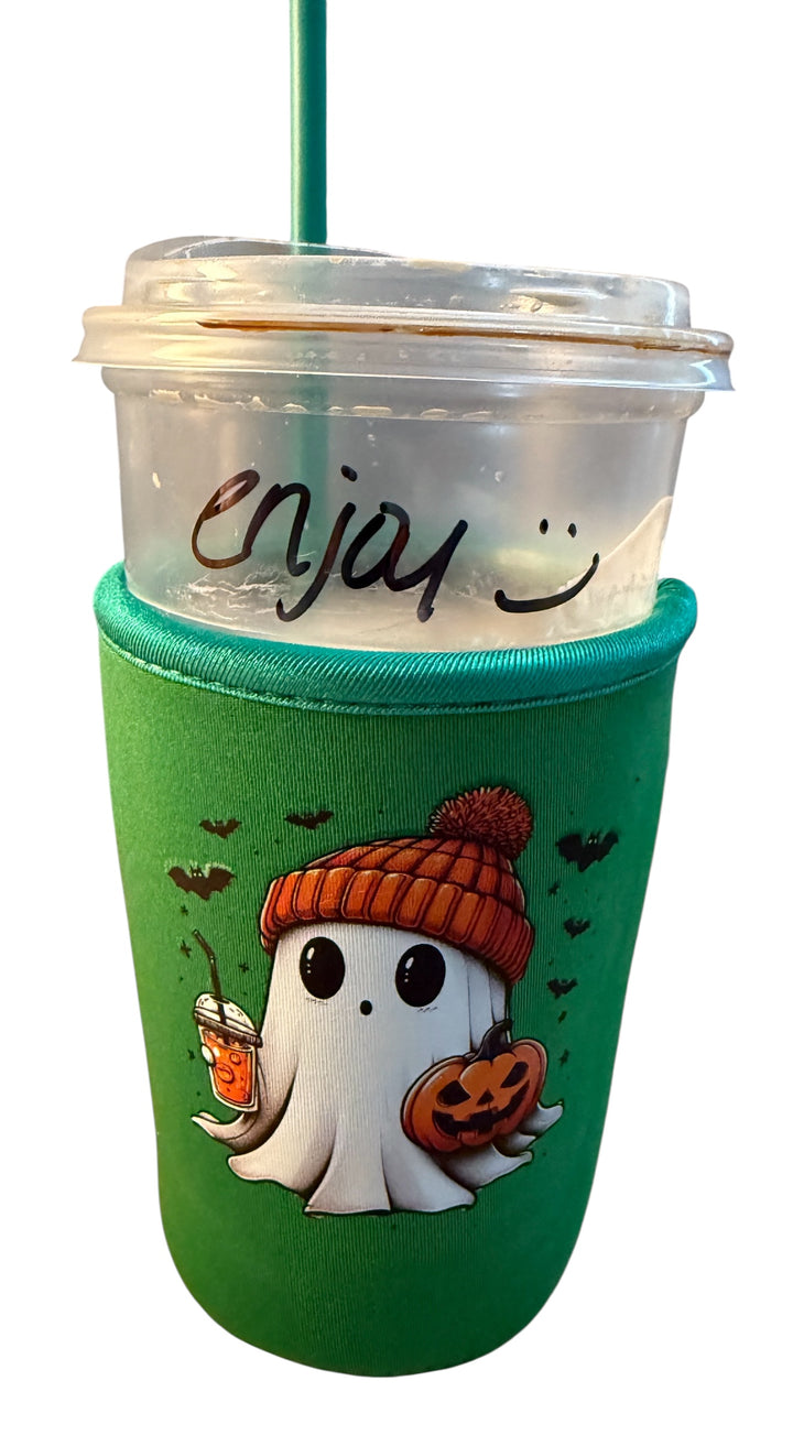 Fall/halloween iced coffee drink koozie - Ghosts, witch, spooky vibes & ghost dog!!