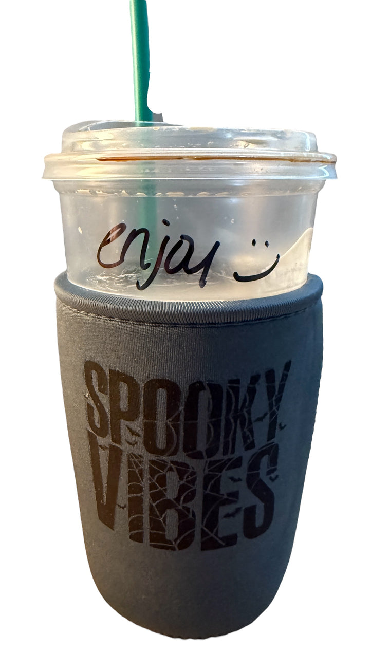 Fall/halloween iced coffee drink koozie - Ghosts, witch, spooky vibes & ghost dog!!