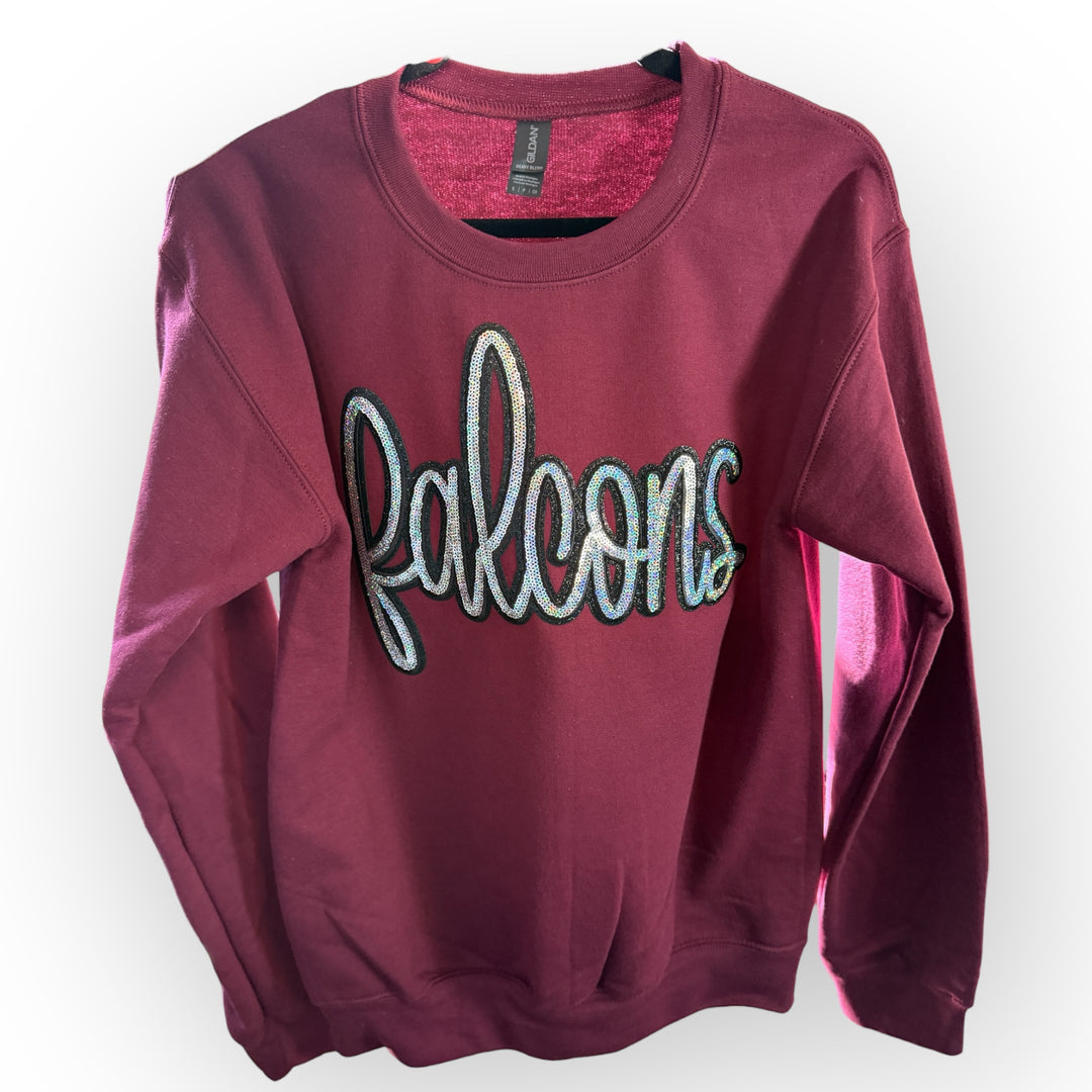 Falcons sequin patch maroon sweatshirt - Rockwood Summit high school