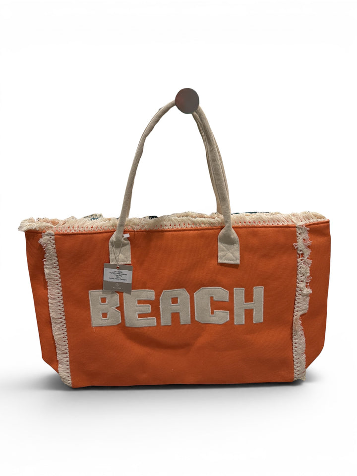Beach embroidered on fringe summer tote bag