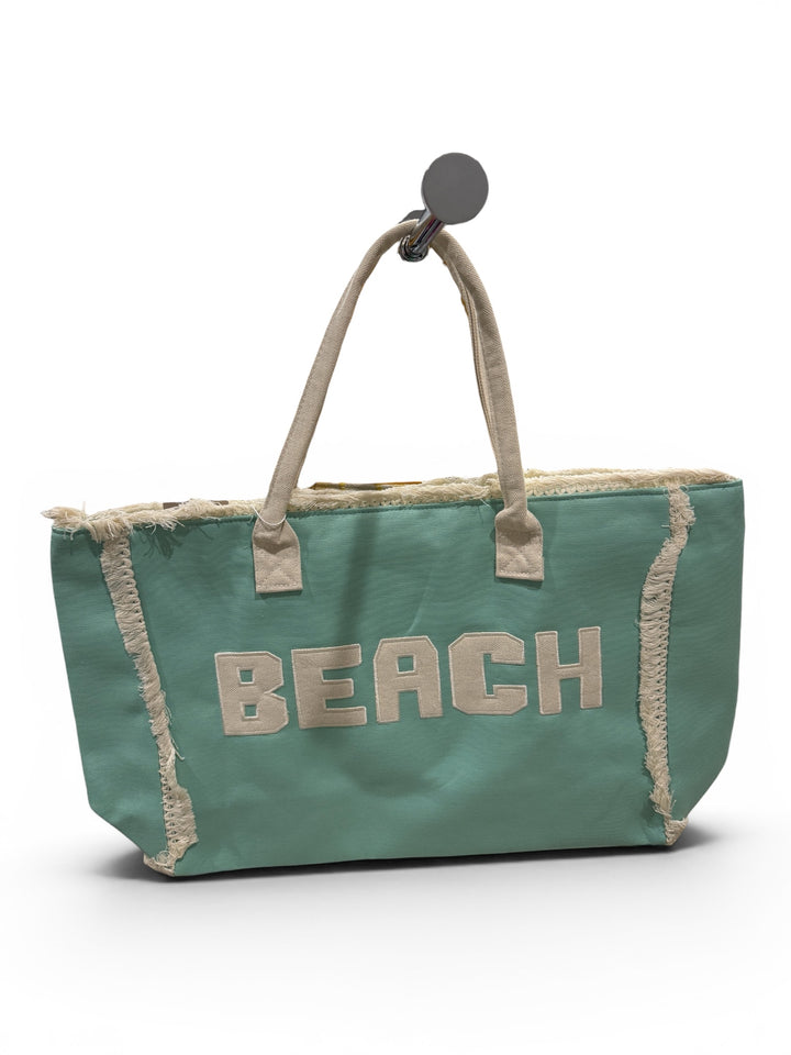 Beach embroidered on fringe summer tote bag