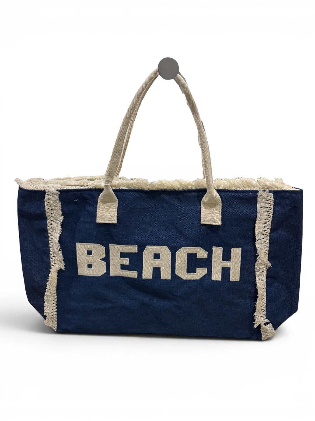 Beach embroidered on fringe summer tote bag