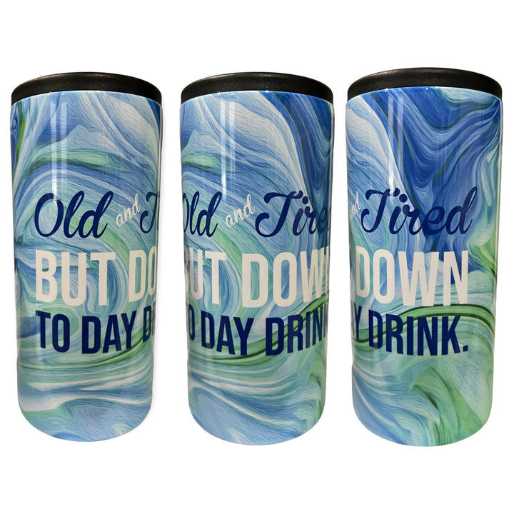 Old & tired but down to day drink - Blue, Green & White Swirl - metal 12 oz SLIM can koozie