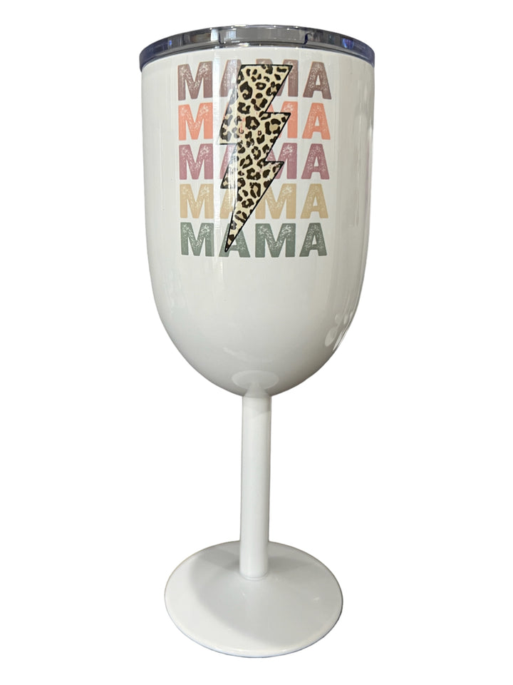 Mama with leopard print lightning bolt stemmed wine tumbler