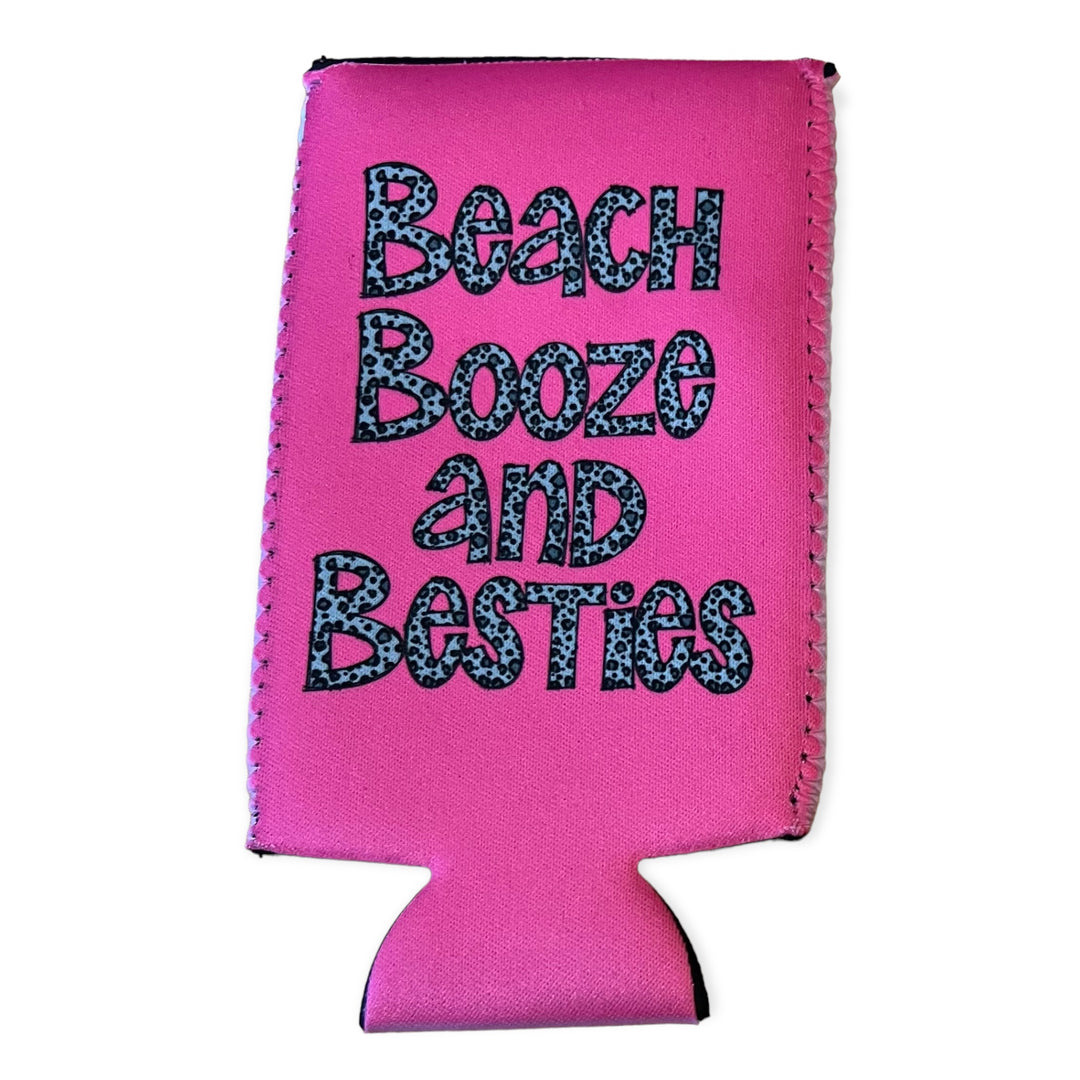 Beach Booze and Besties - bright & fun - fabric SLIM can koozie