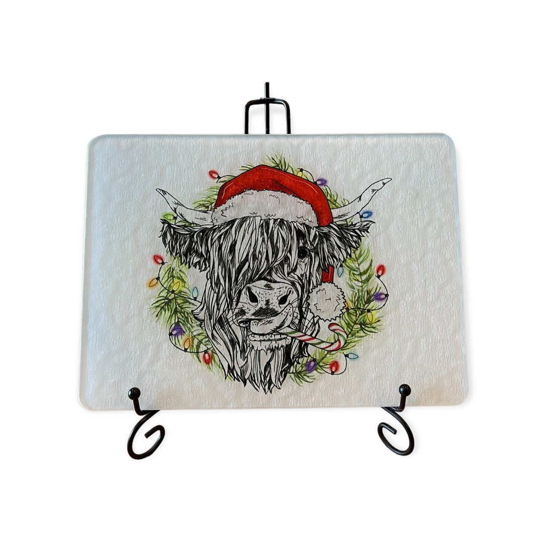 Rectangle Glass Cutting Board - Christmas Highland Cow