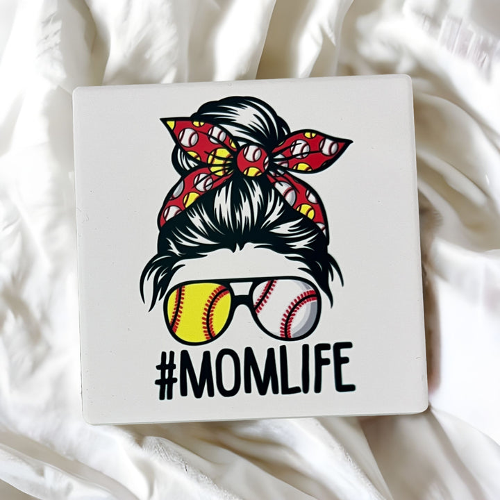 #momlife - messy bun mom - softball and baseball coaster