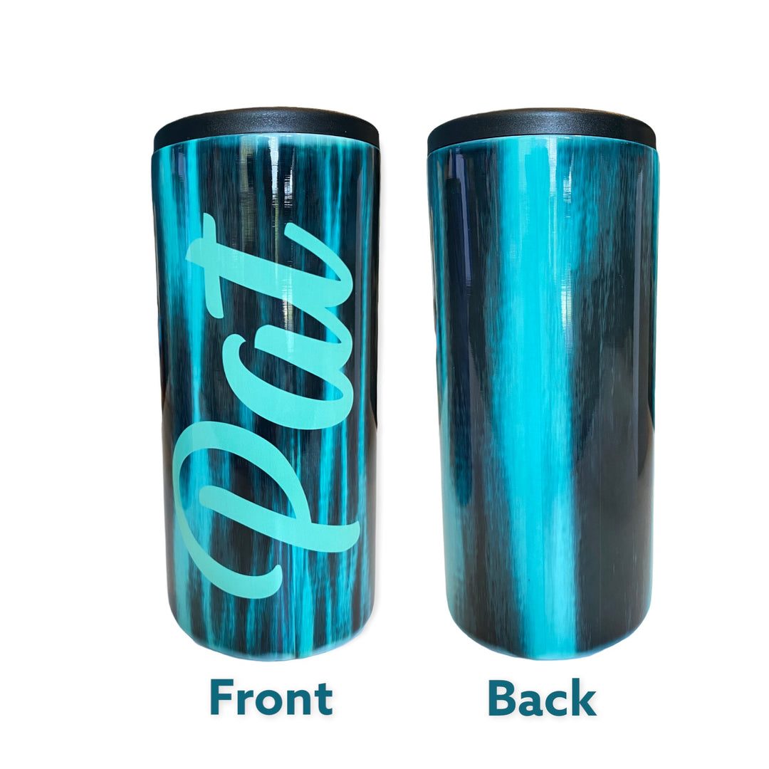 Teal/Black CUSTOMIZABLE NAME - metal 12 oz SLIM can koozie