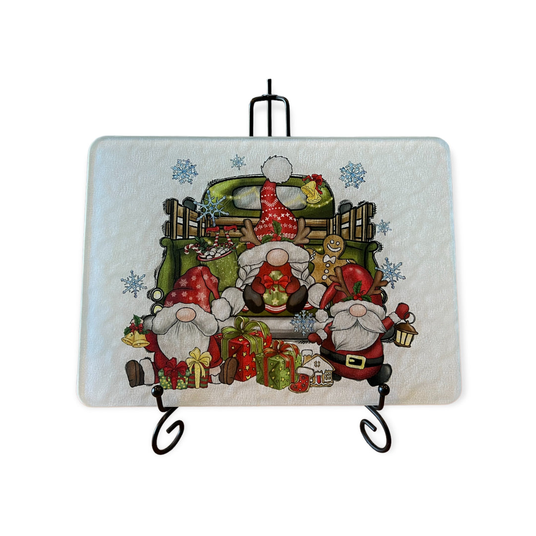 Rectangle Glass Cutting Board - Christmas gnomes with vintage truck