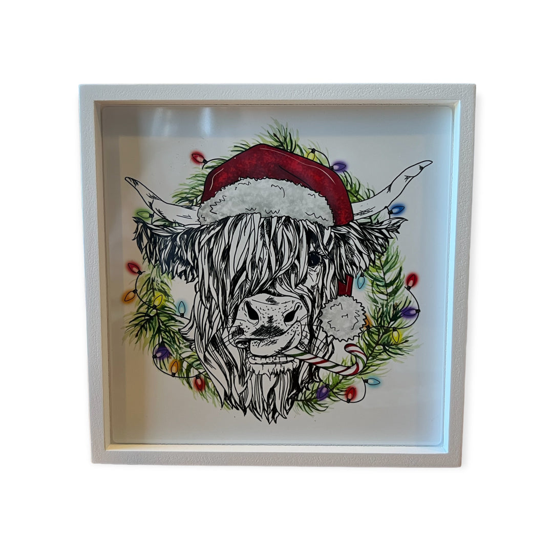 Christmas Highland Cow Square Frame Block - Shelf Decor