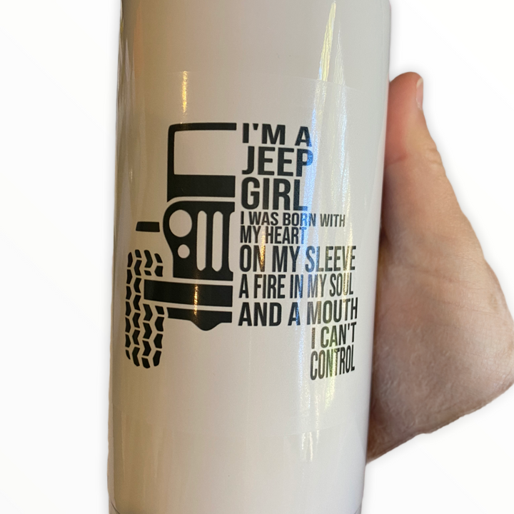 J E E P Girl - Heart on Sleeve, Fire in Soul and Mouth I can’t control - White metal slim can koozie