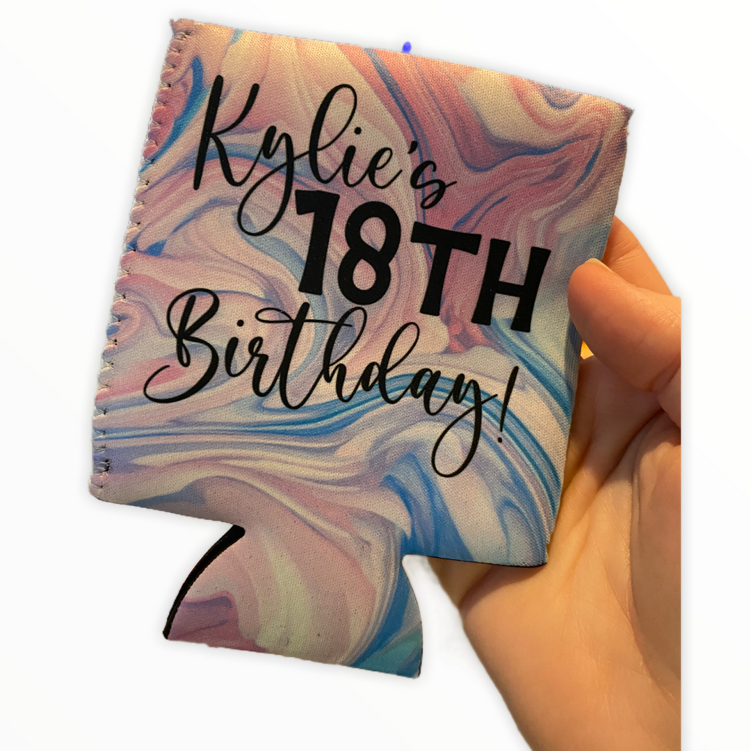 Customizable Happy 18th Birthday - pink swirl - fabric can koozie